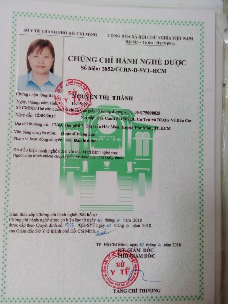 Cho thuê CCHN Dược Trung Cấp, để mở Quầy thuốc 